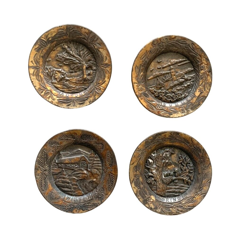 Torino Pewter 7 piece Set miniature 4 Plates 3 Holders 1 7/8in diam Spring Summe